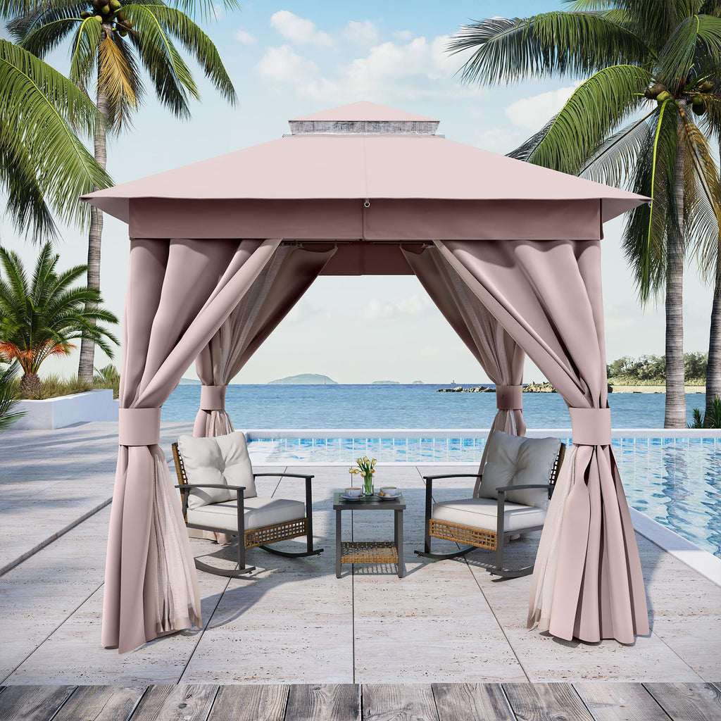 8x8 Outdoor Gazebo with Curtains, Netting & Double Roof H57898