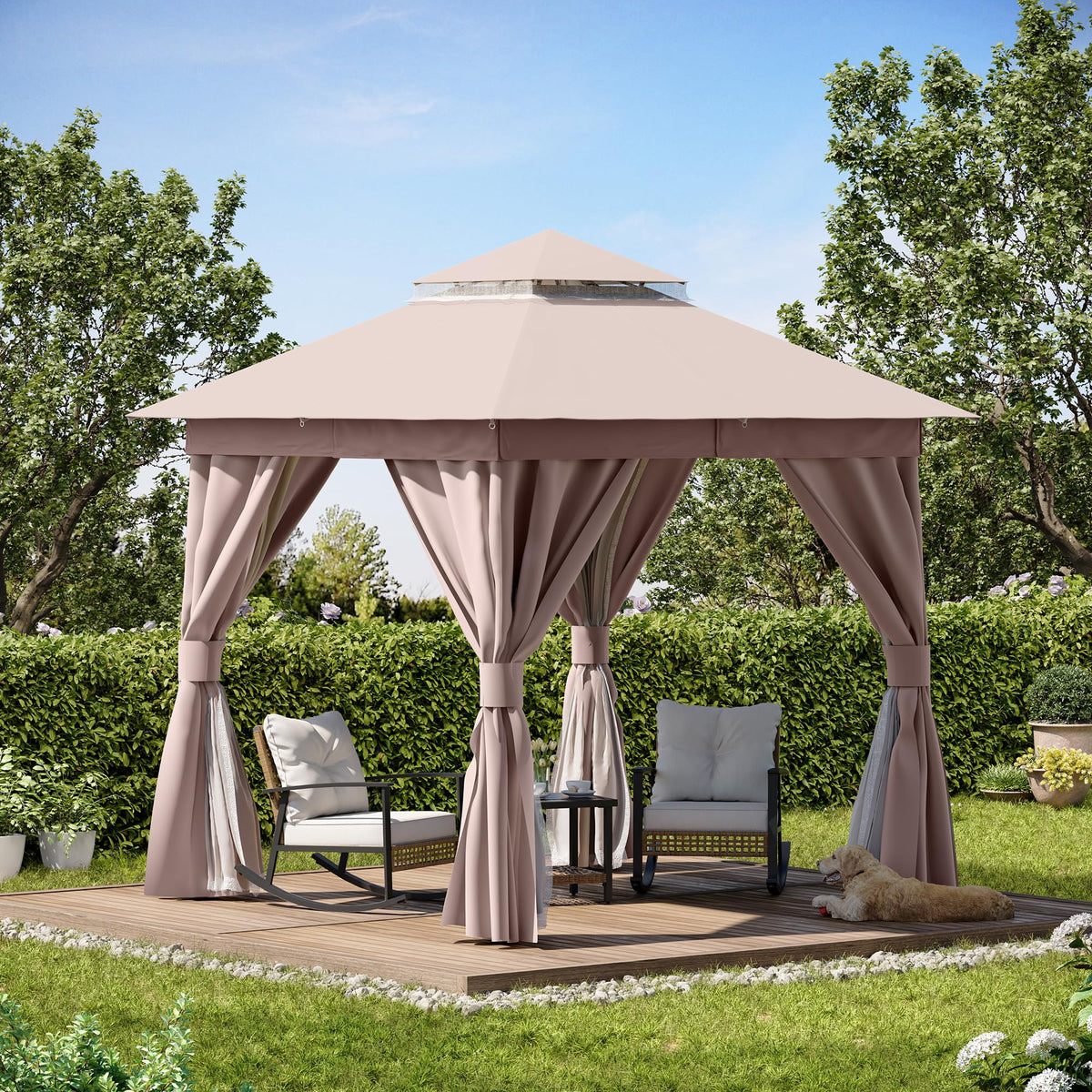 8x8 Outdoor Gazebo with Curtains, Netting & Double Roof H57898