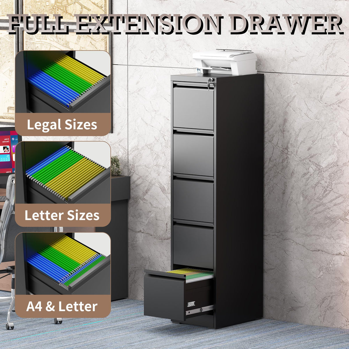 5 Drawer Black Filing Cabinet with Lock Q1218