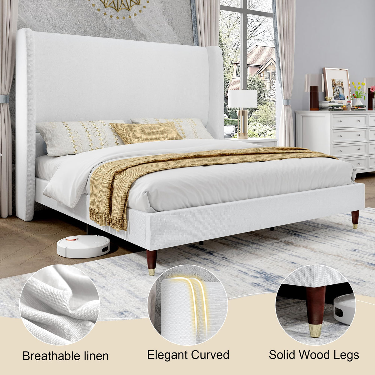 Queen Bed Frame Upholstered Bed White J175